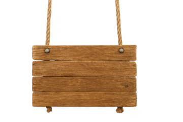 Wooden signboard hanging with rope, rustic brown wood texture, blank vintage board for text or message, natural outdoor decoration