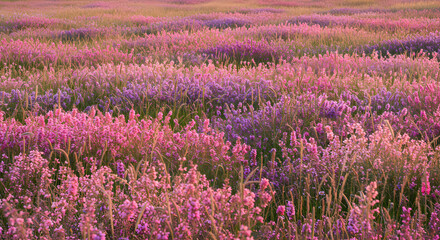 Obraz premium Lavender Field Blossom Landscape At Golden Hour Scenery Background