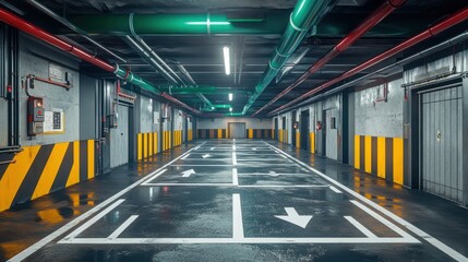 Obraz premium Underground parking garage, industrial pipes, arrows, dark, concrete