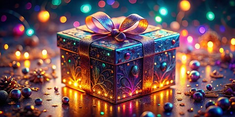 Glowing Surreal Gift Box: Cinematic Close-up with Intricate Details and Bokeh Lights
