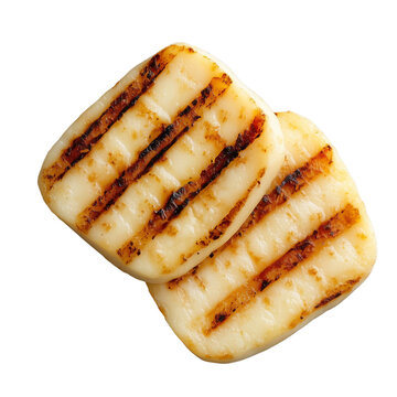 Grilled halloumi cheese squares with visible char marks highlighting textures and colors. isolated on white background and transparent background