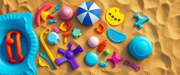 Overhead shot of colorful beach toys and essentials arranged on golden sand, sunscreen,  top view