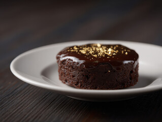 Rich chocolate tart with molten center and gold flakes on plate
