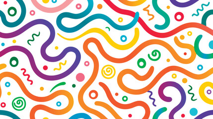 Colorful Squiggles Seamless, Whimsical, Abstract Line Art. Wavy Pattern on White Background. Vibrant and Playful Abstract Composition with Wavy Lines