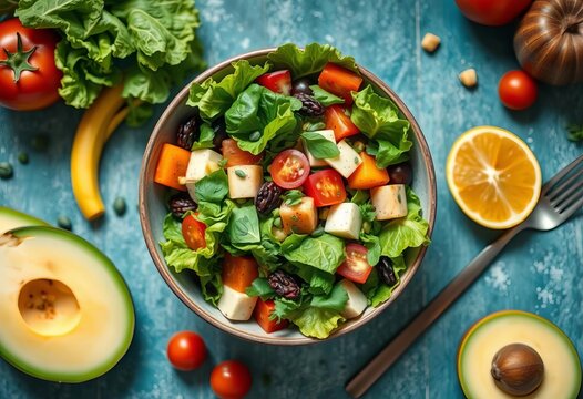 Overhead shot of a vibrant salad bowl, healthy eating after workout, healthy, weight loss