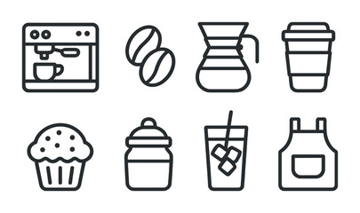 Coffee shop outline icons set – linear, cafe and barista design elements