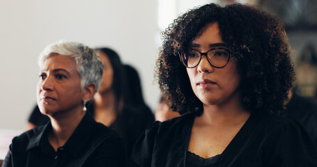 Funeral, faith and women in church, mourning and sadness for loss, memorial service and...