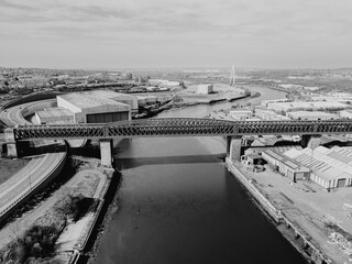Sunderland UK: 12th April 2025: Queen Alexandra Bridge over the River Wear with stunning 20th century architecture. Steel truss bridge