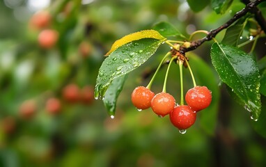 Obraz premium A close-up of fresh red cherries glistening with raindrops on vibrant green leaves, showcasing nature's beauty and the freshness of summer fruits.