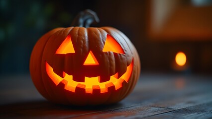 Fototapeta premium Spooky Halloween Jack-o'-lantern Pumpkin Glowing in Dark