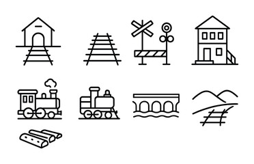 Railway outline icons set – track, train, transportation symbols