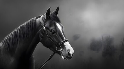 Fototapeta premium A majestic black horse with a sleek mane stands in a misty landscape, embodying grace and power. The soft light enhances its features, creating a serene and captivating atmosphere.