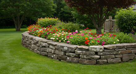 Serene Garden Landscape Featuring a Stone Wall and Vibrant Zinnia Flowers