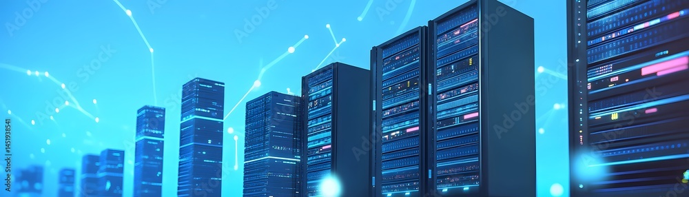 Poster a modern data center showcasing rows of server racks, symbolizing the backbone of digital infrastruc