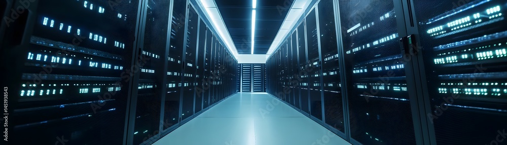 Poster a modern data center filled with high-tech servers and advanced networking equipment, illuminating t