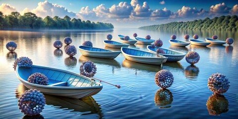 Obraz premium Serene Aquatic Scene Featuring Small Boats and Ornate Spherical Objects at Dawn