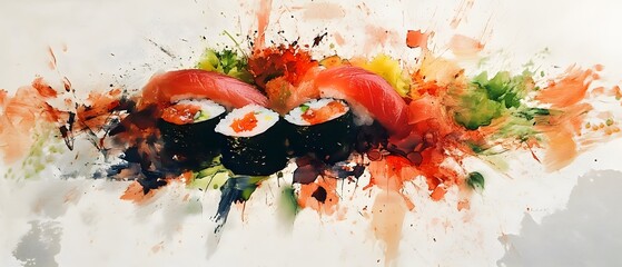 A vibrant and artistic representation of sushi, featuring various types with colorful ingredients