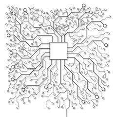 Computer chip and brain shaped electric circuit isolated on white background. 