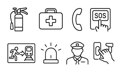 Fototapeta premium Emergency and safety line icons set – outline, linear, alert and response symbols