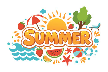 Colorful Summer Vector Art Illustration with Beach and Fruit Elements