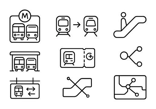 Public transport line icons set – linear, outline, subway and transit symbols