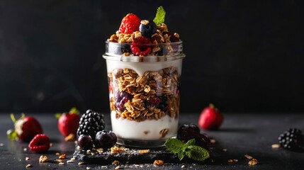 Layered yogurt parfait in glass jar with granola, fresh berries, and mint leaves, styled on dark background for contrast and freshness.
