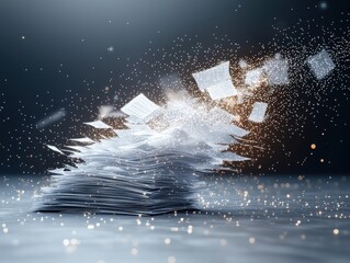 Tax policy and accounting. A swirling mass of paper sheets dispersing into a dreamy, abstract background.