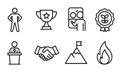 Leadership and achievement icon set – outline, linear, success symbols