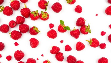 Scattered ripe raspberries on white background, ample copy space,  studio shot, blank space