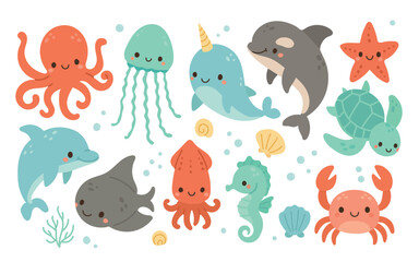 Group of cute ocean animals including dolphin, squid, crab, and narwhal, designed for colorful marine wildlife collections and playful aquatic scenes.