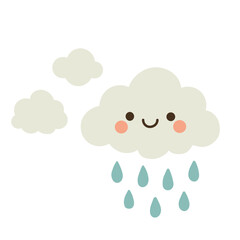 Fluffy cartoon clouds with falling rain, perfect for stormy weather illustrations, nature-inspired decor, and peaceful atmospheric art for children.