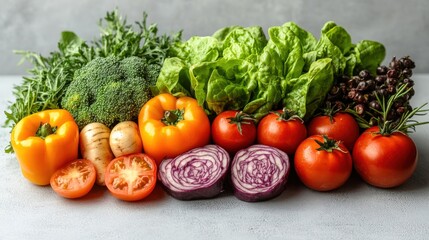 Fresh, colorful vegetables arranged on a gray surface, showcasing healthy eating and nutrition