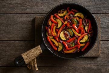 Colorful Stir-Fried Vegetables in Cast Iron Skillet on Rustic Wooden Background – Healthy Vegan Dish with Zucchini, Bell Peppers, and Red Onions, Perfect for Plant-Based Diets