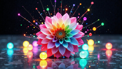 Fototapeta premium Rainbow Flower Power: A vibrant bloom surrounded by colorful glowing orbs against a dark backdrop evokes magic and beauty.