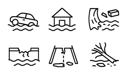 Disaster and emergency line icons set – outline, filled, crisis management symbols