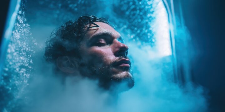 Raw, intense, and therapeutic&mdash;a bearded man relaxes as cryotherapy takes over. Download this unique image for fitness or alternative healing visuals.