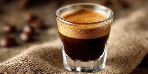 Capture the intensity of a bold espresso shot against a warm brown fabric background, creating a cozy and inviting atmosphere. Download now to enhance your coffee-themed imagery.