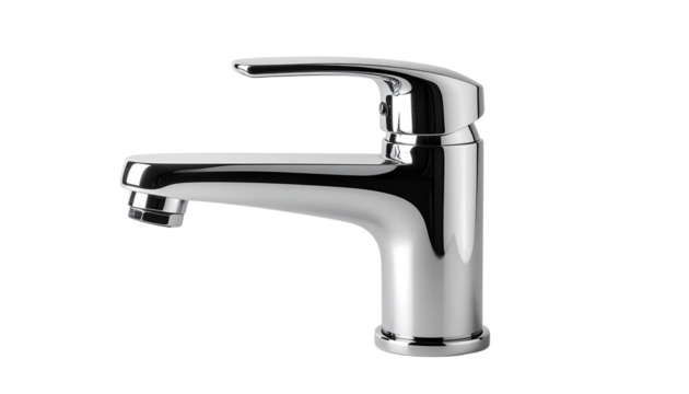 Single-handle water faucet Chrome plated, with a simple design isolated on solid white background Png