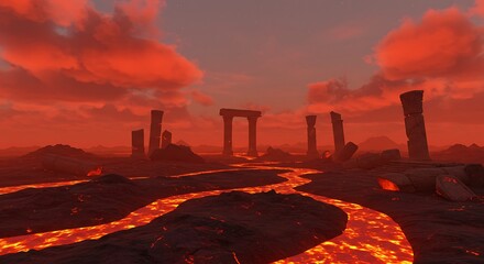 Volcanic terrain with pillars and flowing lava