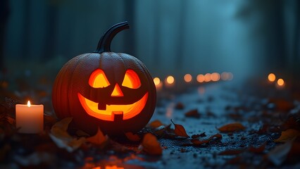 Obraz premium Spooky Halloween Jack-o'-lantern in Dark Forest Path