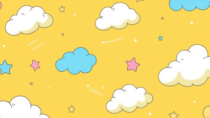 Cute clouds, stars, shooting stars, yellow background; kids' design