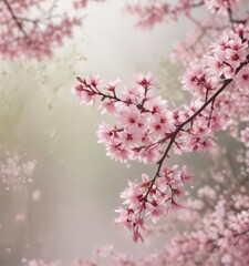 Fototapeta premium Delicate pink sakura petals drift on gentle spring breeze, soft focus background , bloom, pink blossom