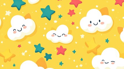 Happy clouds and stars pattern, kids' fabric