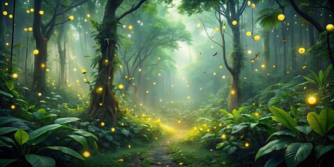 Fototapeta premium Enchanted Forest Path Illuminated by Glowing Lights A Mystical Journey Through Lush Greenery