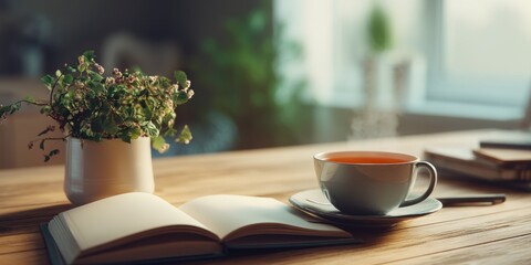 A cup of coffee paired with a book on a bright wooden table, inviting you to unwind and enjoy the moment. Download now to create inviting and cozy visuals.