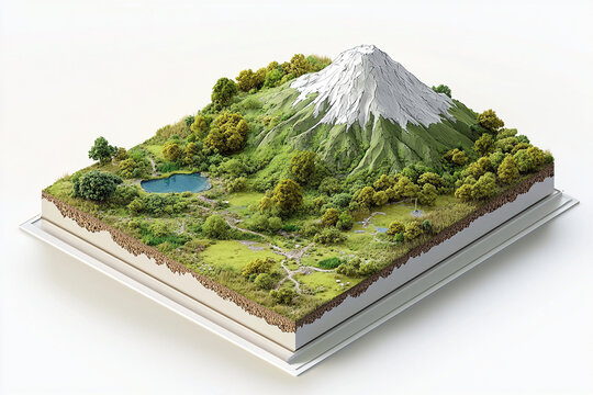 Science fair project showcases a detailed model volcano with surrounding landscape