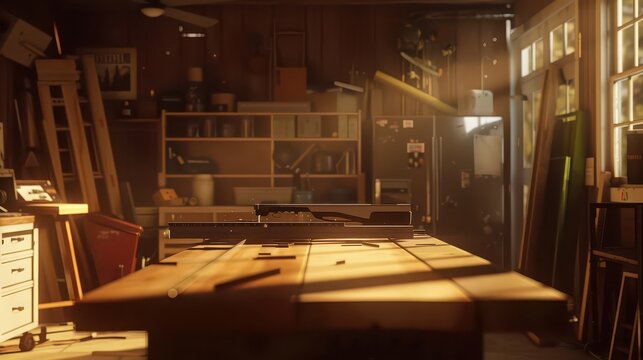 A well-lit workshop with a person using a table saw to cut lumber.