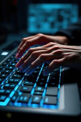 Blue-lit Keyboard: Hands Typing in a Digital Realm