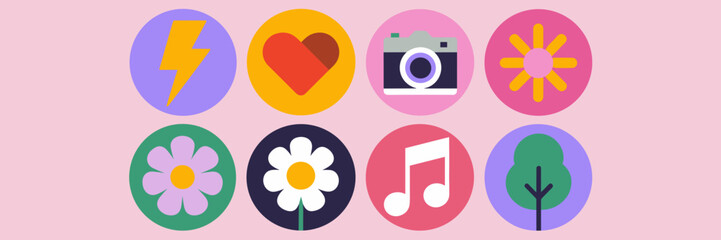 Stickers with lightning bolt, heart, flower, and more, in a pink background – Perfect for playful design, decorations, or fun content.