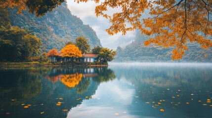 Obraz premium Picturesque lakeside retreat nestled amid misty mountains in vibrant autumn glory